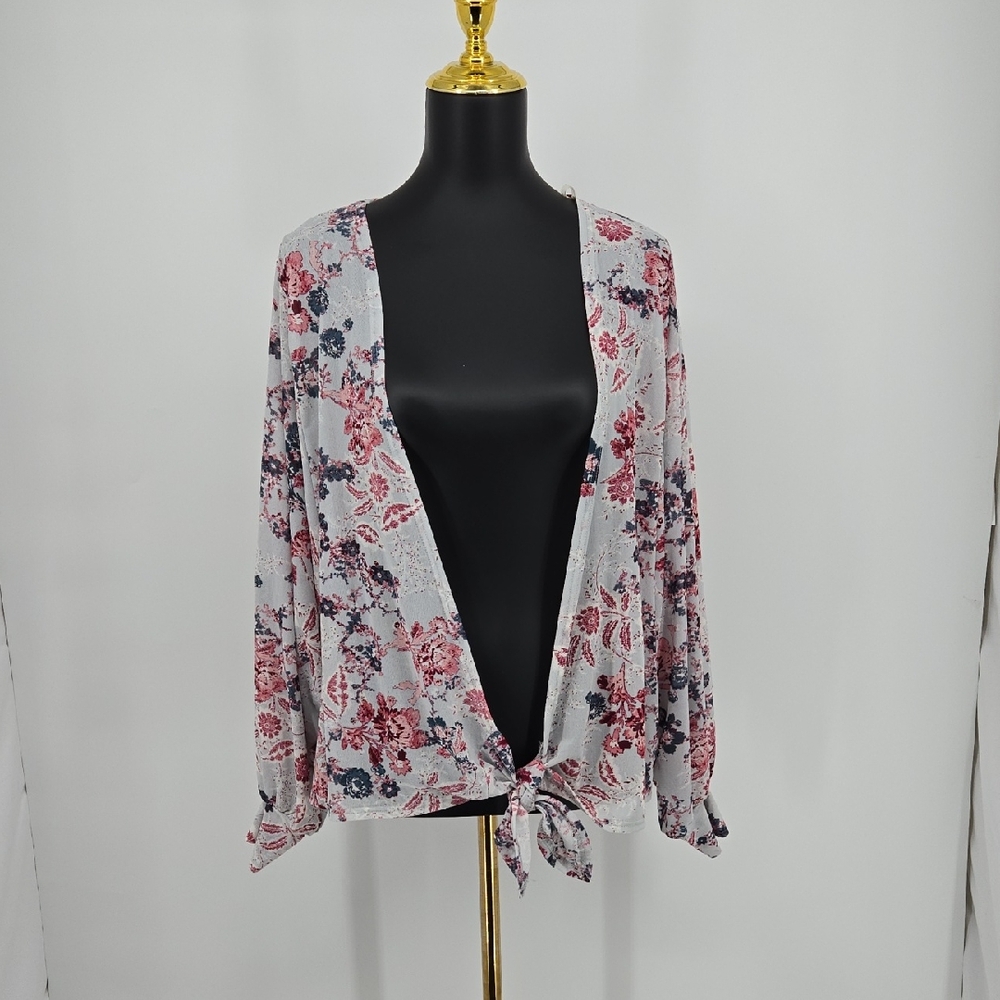 Ember Grey Blue Dolman Sleeve Floral Tie-Front Blouse Size Small